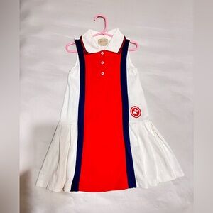 GUCCI Kids Pleated Cotton Jersey Polo Dress – Red, White & Navy (Size 4Y)